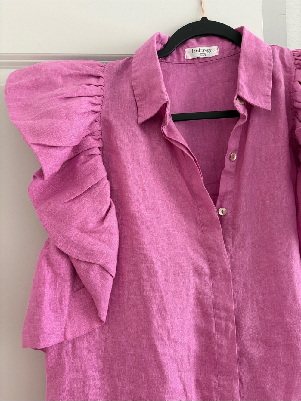 Pink Ruffle Sleeve Button-Down Linen Dress - Picture 2 of 5